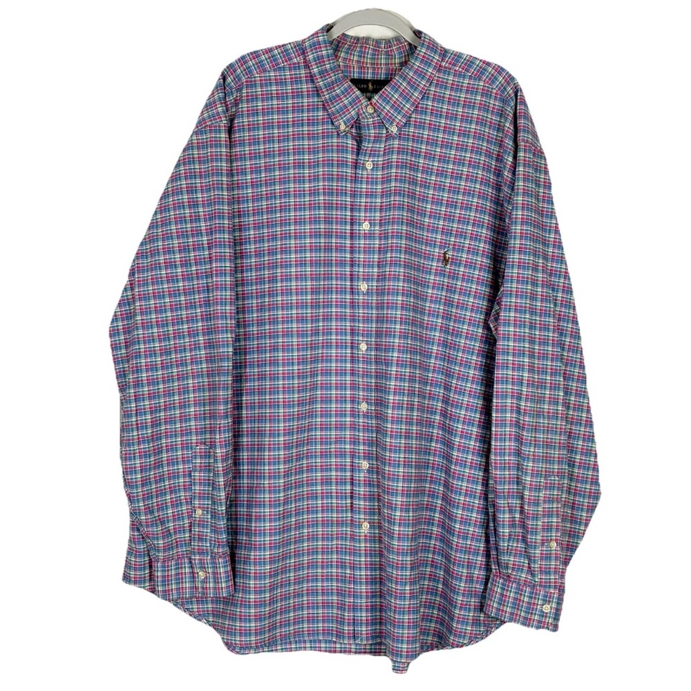 Ralph Lauren Men 3XL Navy Blue Red Plaid Long Sleeve Button Down Shirt Preppy